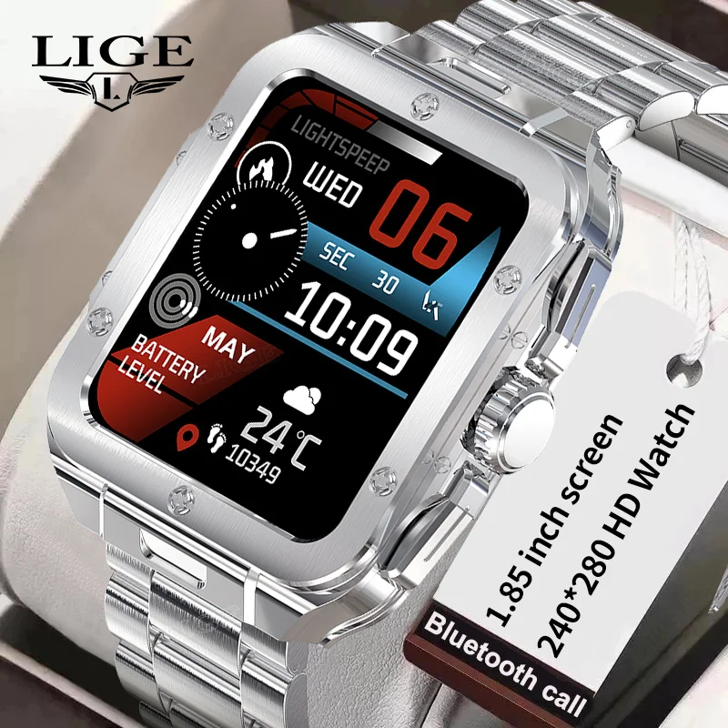 

LIGE Smartwatch Men 2023 Android IOS Smart Watch Fitness Tracker Watchs with Full Touch Control Apple Watch Men Square Silver