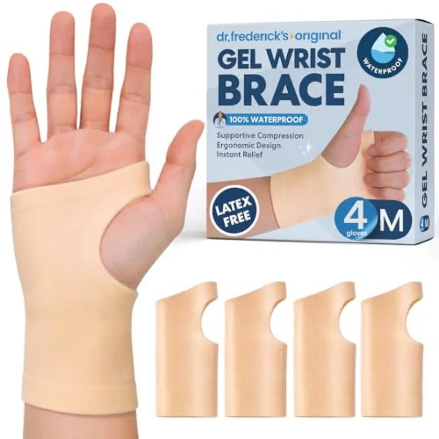 Gel Wrist Brace - 4 ct - Waterproof Fingerless Compression Sleeve - Mild Carpal Tunnel, Arthritis and Tendonitis Relief - Fits