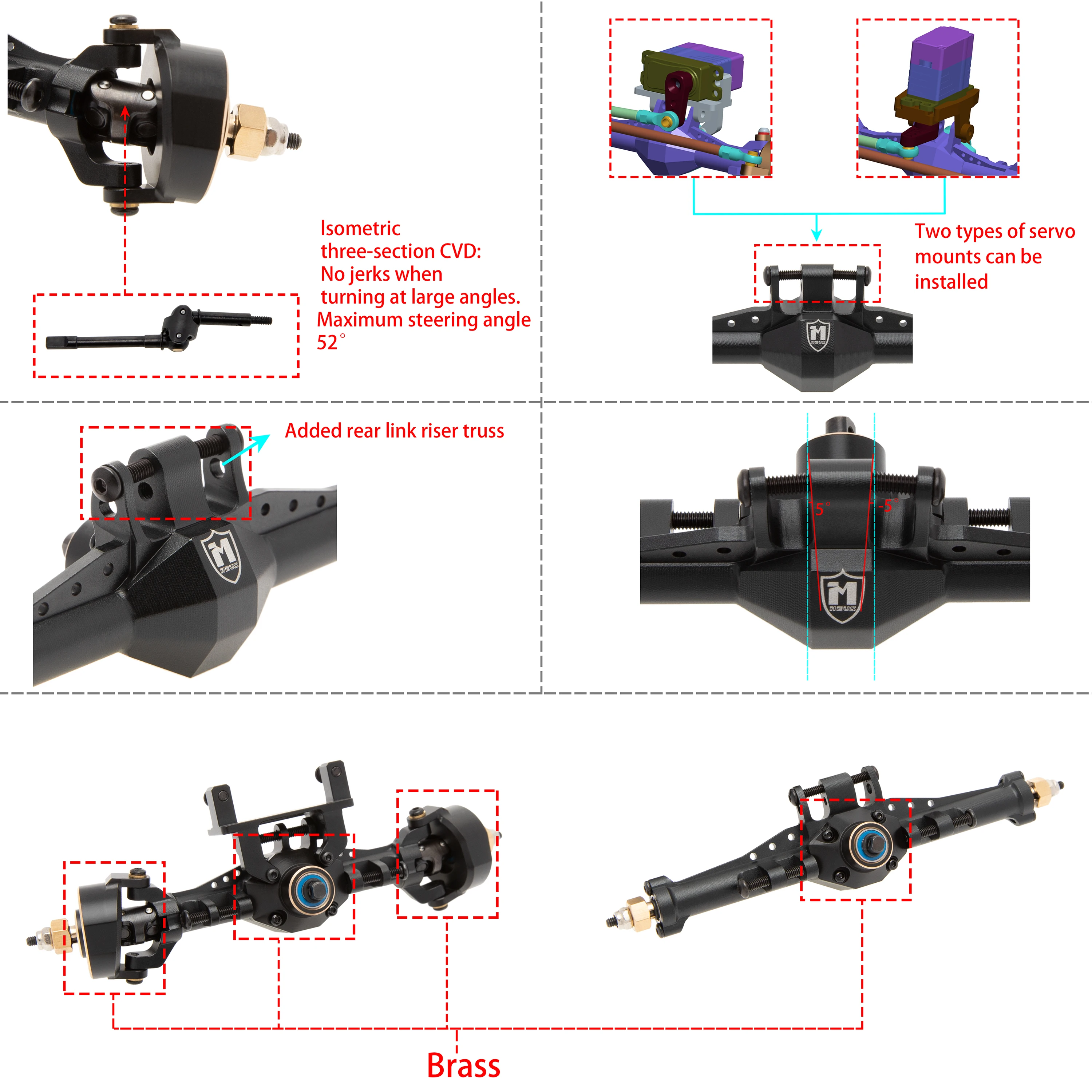 MEUS Racing Isokinetic 3-Section CVD Front and Rear Axles Maximum Steering Angle 52° Wider +5MM forTRX4M Upgrade 1/18 RC Crawle