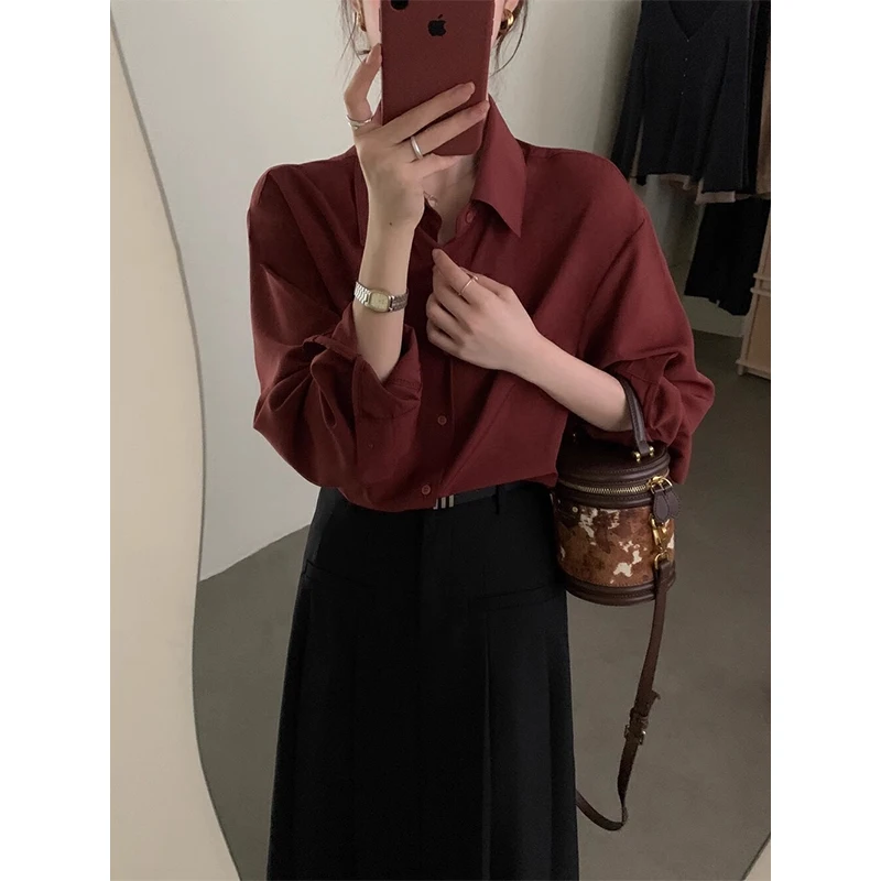 Women Spring Korean Office Lady Loose Appear Thin Solid Color Square Collar Long Sleeve Shirts Ladies Casual All-match Top Tee