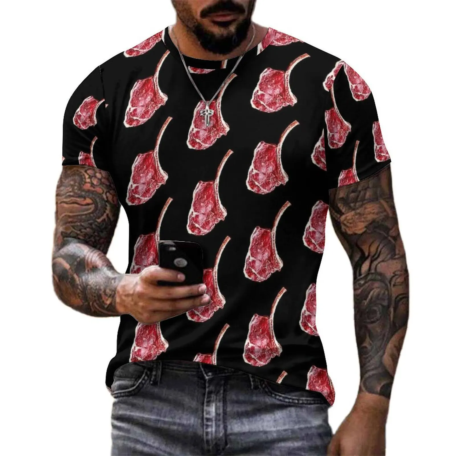 Plus Size T-Shirt Beach Vintage Tomahawk Meat Print T-Shirts  Basic O Neck Tee Shirt Male Fashion Design Tops