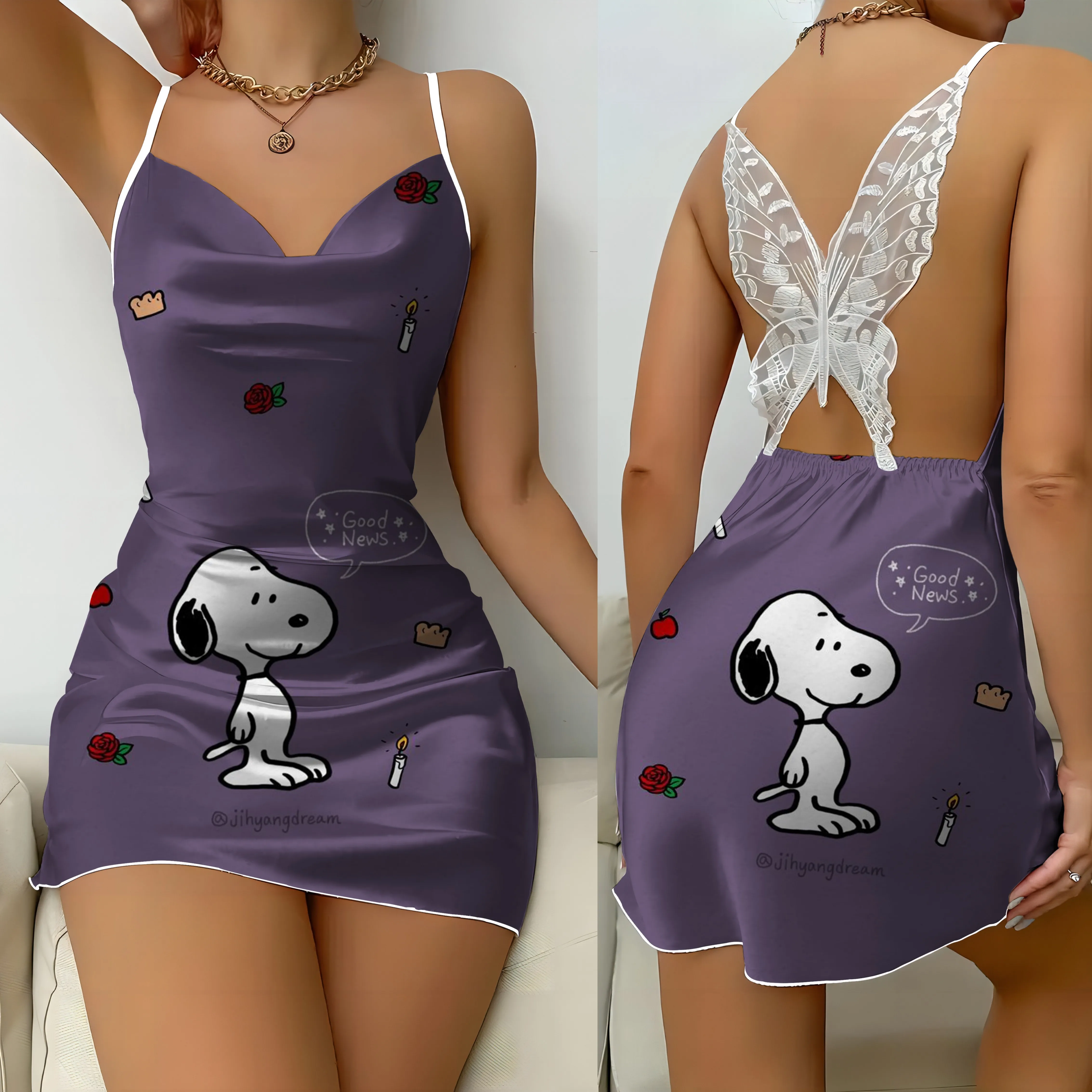 

Party Dresses Home Dress Pajama Skirt Snoopy Bow Knot Satin Surface Off Shoulder Womens Fashion Summer 2024 Short Mini Sexy Lace