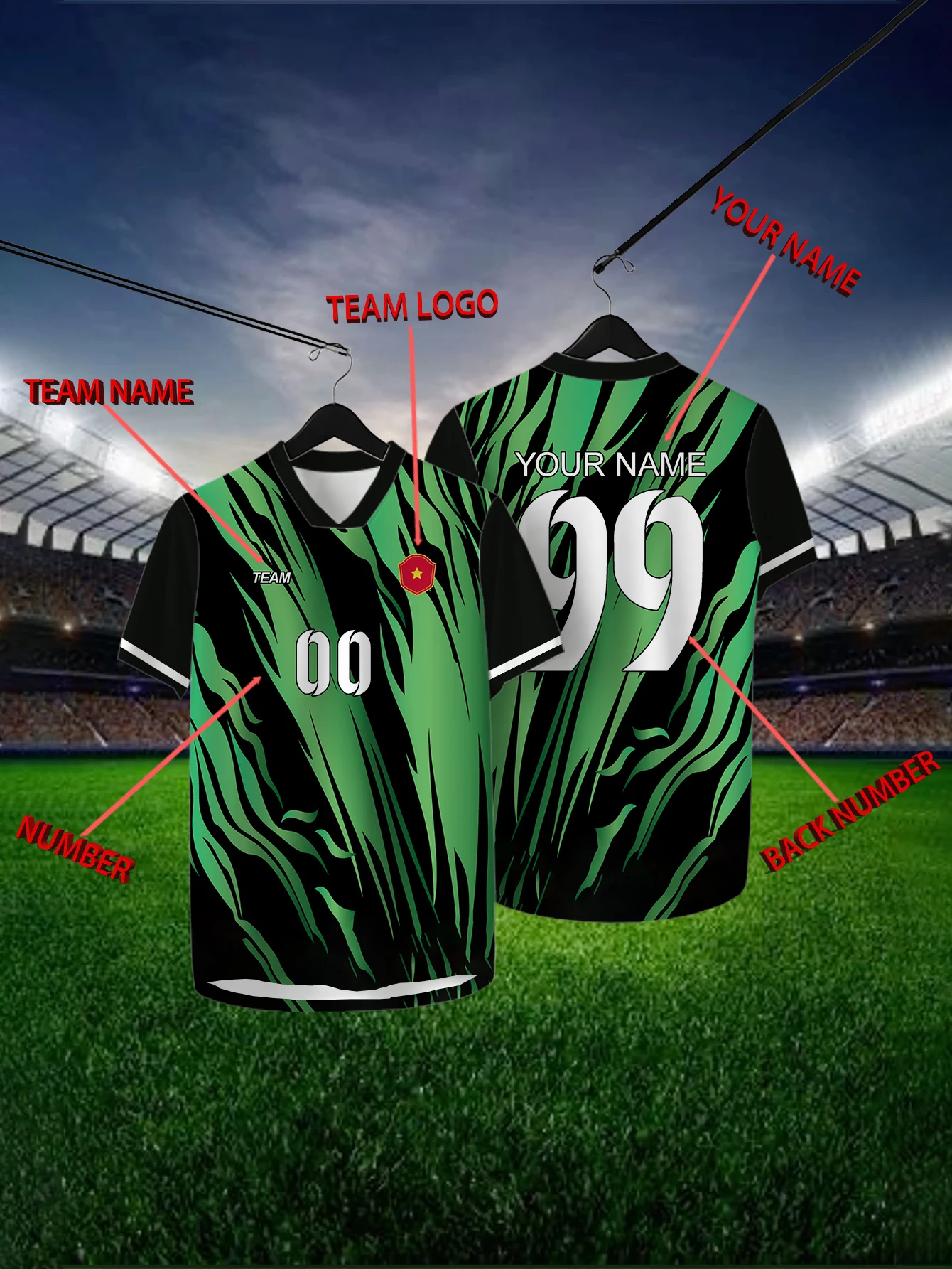 

Customized Geometric Green Short Sleeved Shirt with Team Name, Emblem, Name and Number, Outdoor Sports Short Sleeved T-shirt