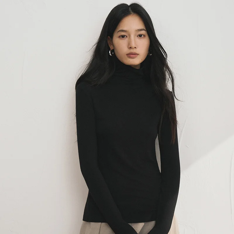 قميص أساسي من الصوف الحريري للنساء تي شيرت للخريف والشتاء من ليوسيل بقصة ضيقة ورقبة عالية