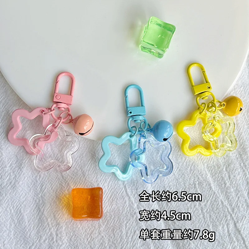 2PCS Five pointed Star Bell Pendant Keychain Elegant Candy Color Bag Keyring Jewelry For Women Car Hanging Trinket Key Holder
