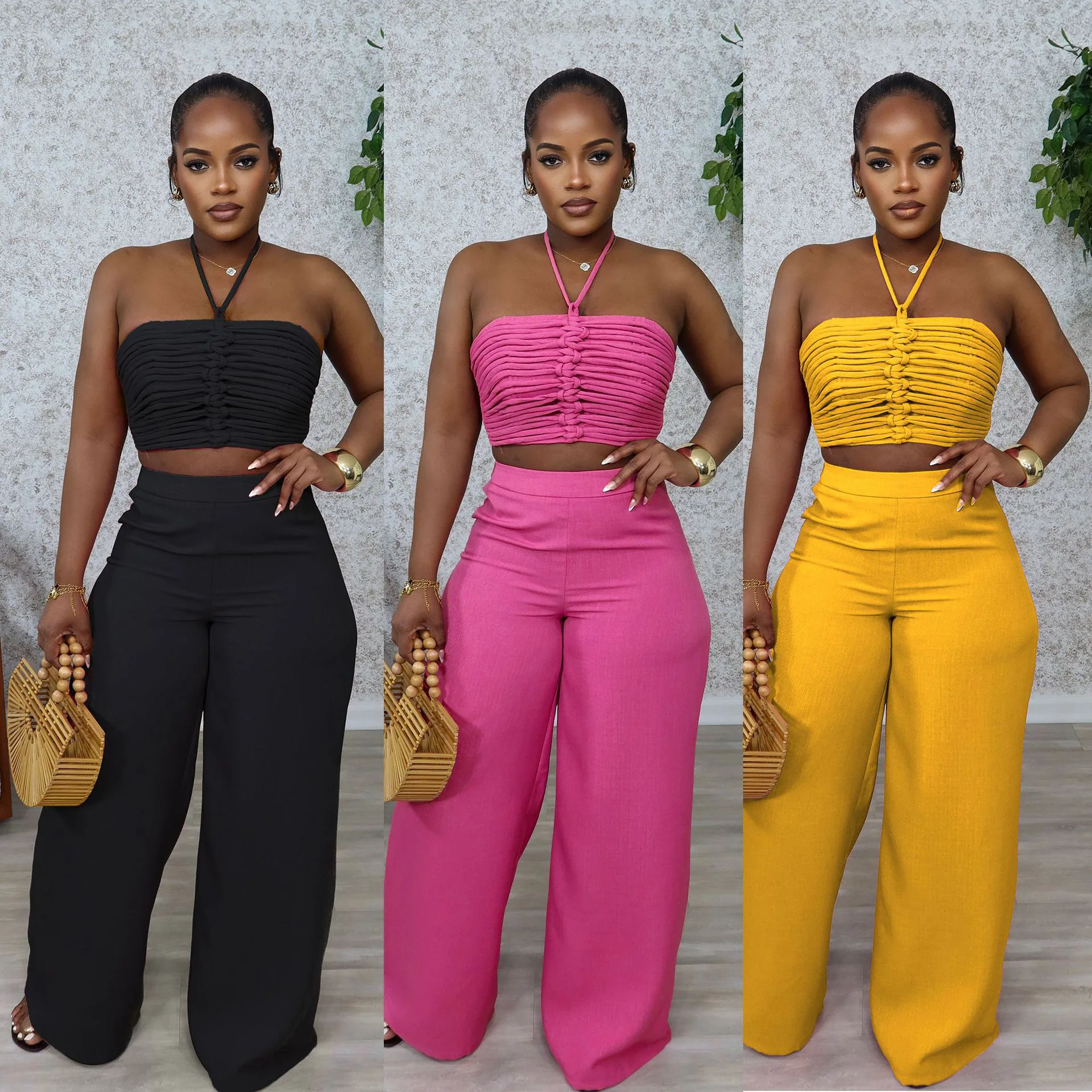

Women's Set with Drawstring and Drawstring Top, High Waist, Side Zipper, Loose Pants, Two-piece Set