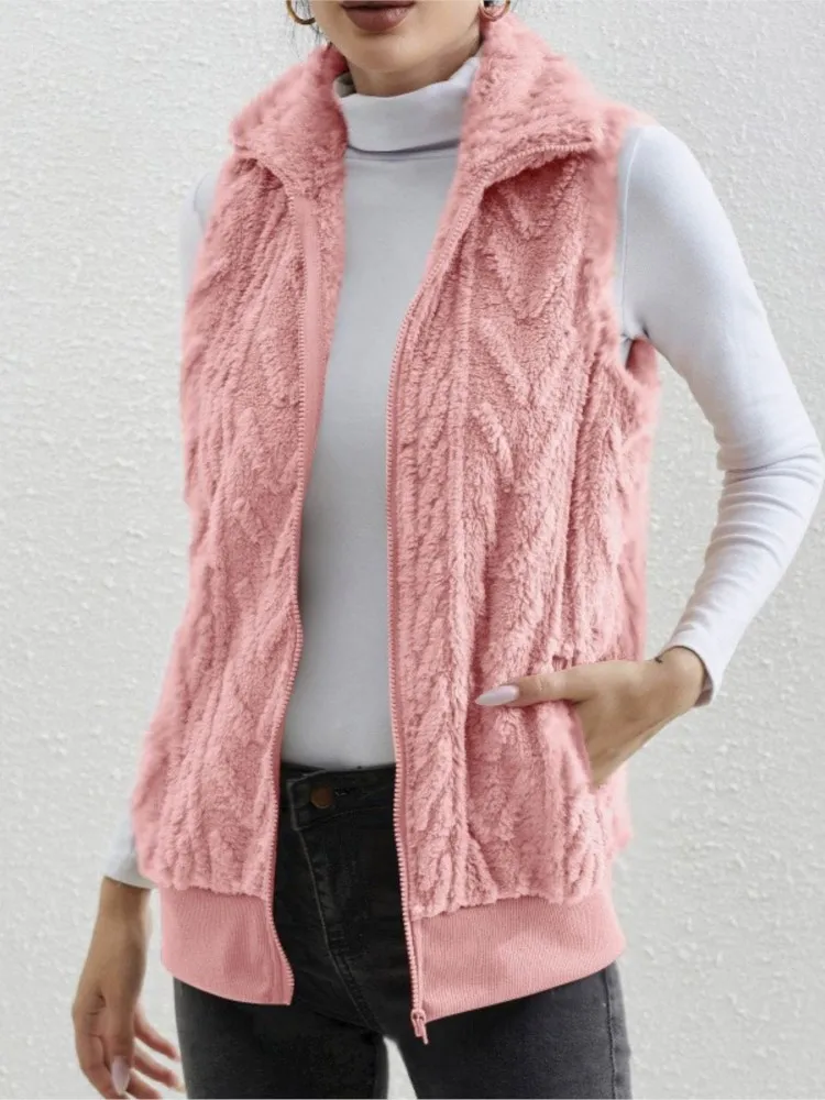 Fashion Plush Cardigan Vest For Women Casual Zipper Lapel Pocket Solid Color Warm Women\'s Vest Coat Female Streetwear 2025