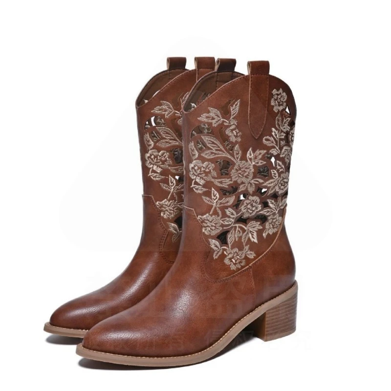 Chaussures rétro pour femmes, bottes de cowboy en cuir véritable exquises pour femmes, bottes de chevalier brodées à la main, chaussures de créateur, Botas Feminina