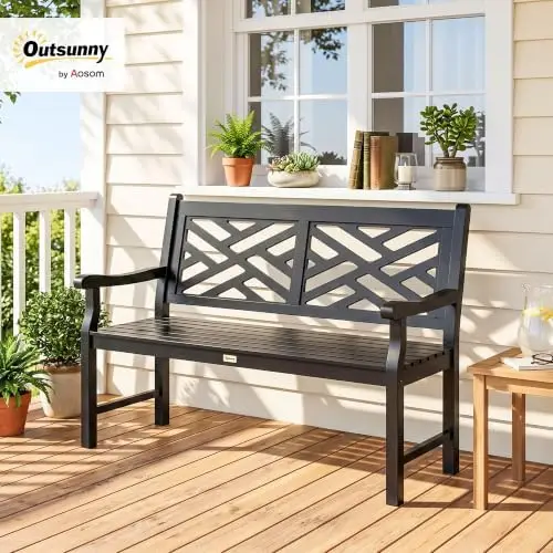 Outdoor Garden Bench, Wooden Frame Patio Bench with Geometric Pattern, 43.25 Inch Weatherproof 2-Person Love Seat for
