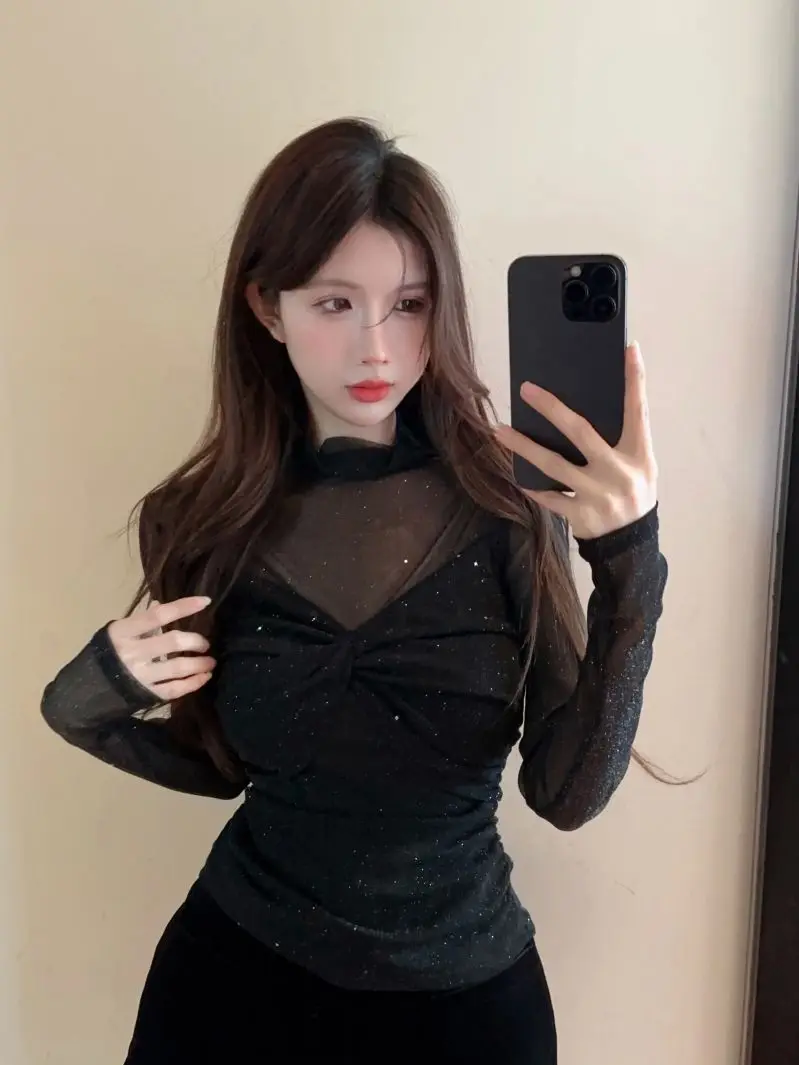 Sparkling Perspective Mesh Splicing Knot T-shirt for Women's New Style Sweet and Spicy Girl SlimLong Sleeve Top Trendy