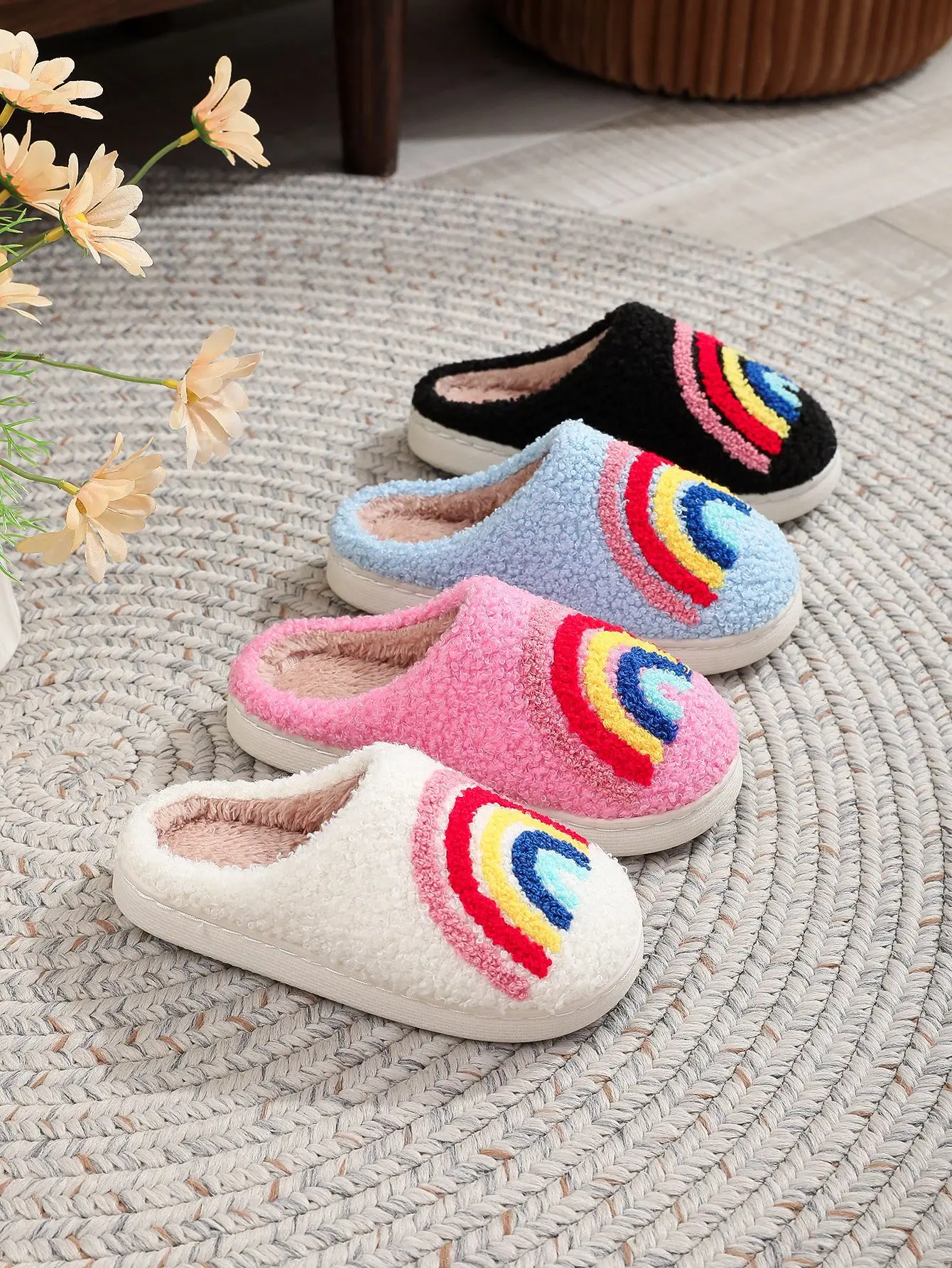 2026 Winter Regenbogen-Print Kinder Mädchen Jungen Hausschuhe Indoor Weiche Rutschfeste Paar-Hausschuhe Warme Plüsch-Flachpantoffeln Erwachsene Niedliche Schuhe – Detail 17