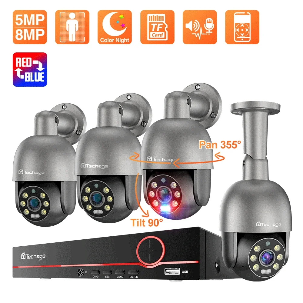 

Techage Smart Security PTZ Camera System Outdoor Ultra HD 4MP 8MP POE H.265 8CH CCTV System Full Color Night Surveillance Kit