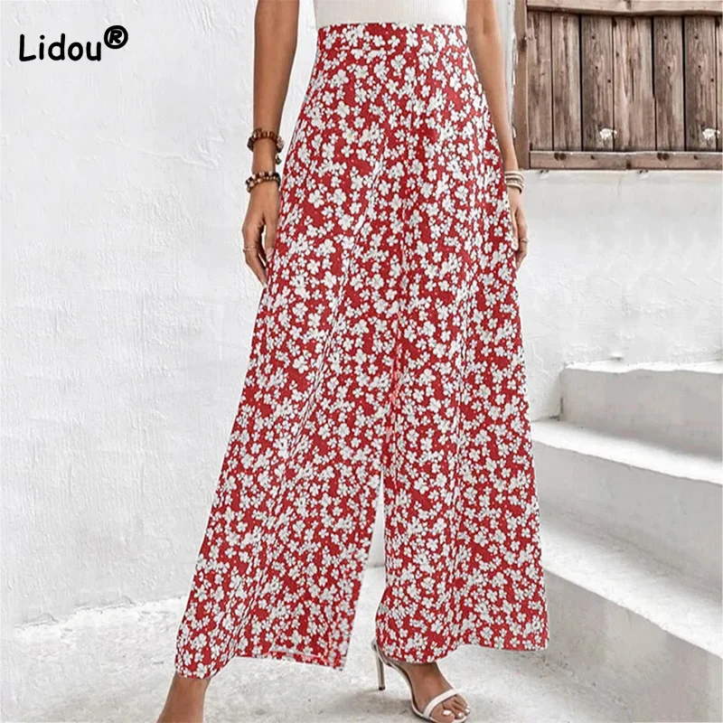 Spring Summer Fashion Elastic High Waisted Trousers Womens Small Fragmented Floral Print Loose Casual Waist Micro Horn Pants