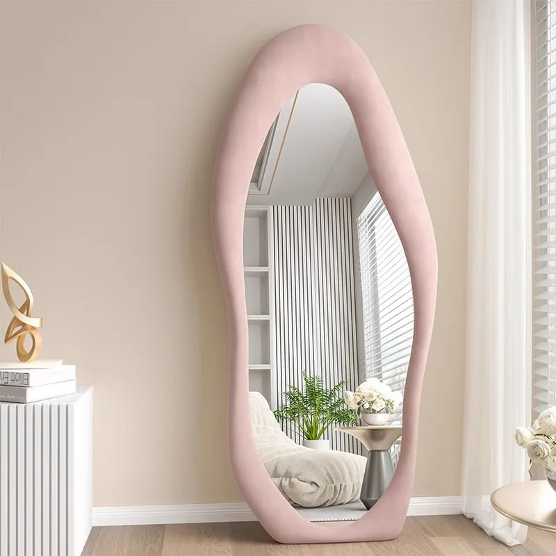 

Pink Full Body Mirror Wavy Standing Aesthetic Nordic Apartment Decor Mirror Irregular Large Long Miroir Mural Household Goods