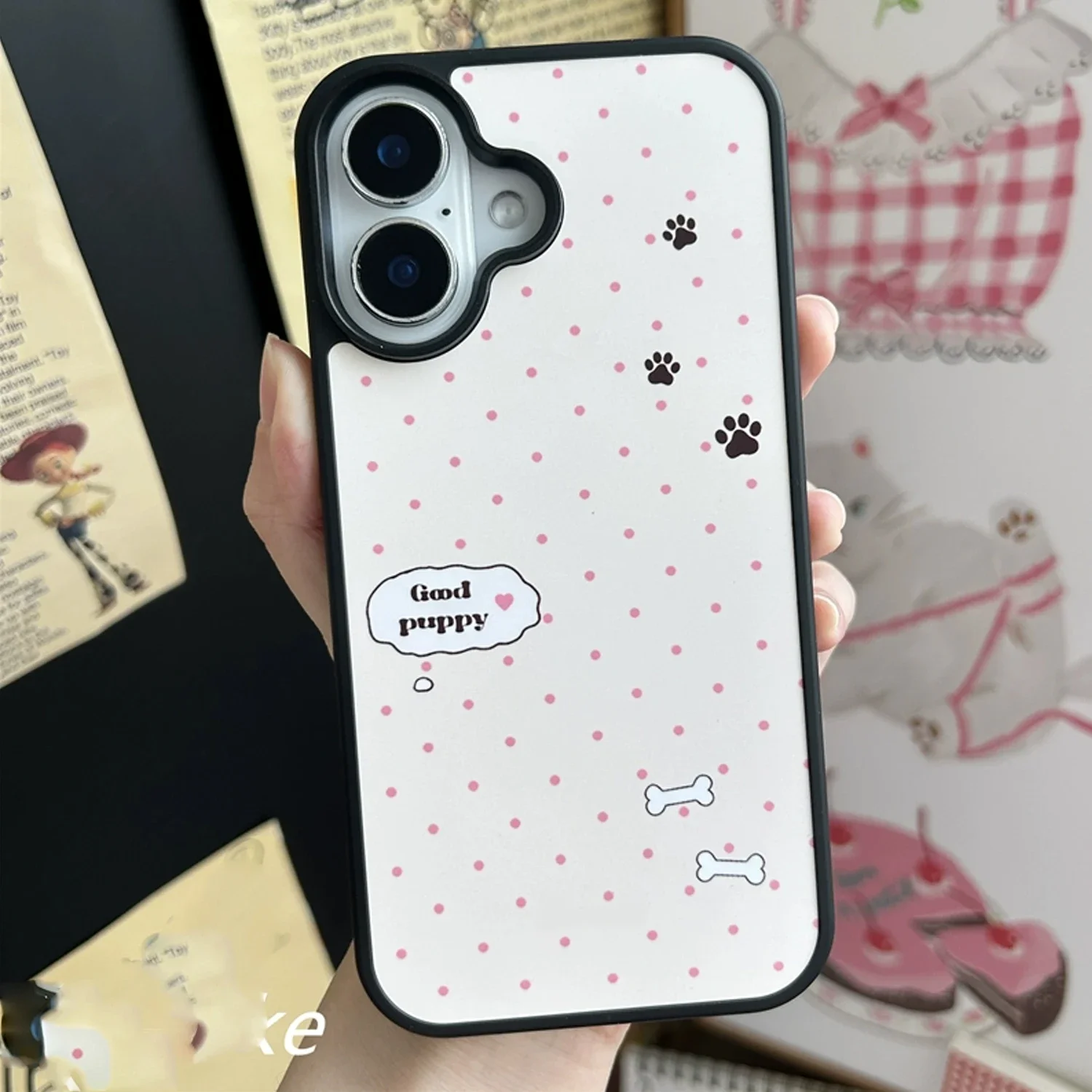 INS Pink Wave Point Good Puppy Kawaii Cute Band-Aid Чехол-подставка для телефона для iPhone 17 Air 16 15 14 13 12 11 Pro Max Plus Y2K Cover