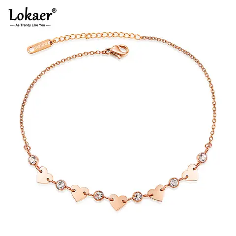 Lokaer Titanium Steel Bohemia Holiday Beach Chain & Link Anklets For Women Girls Trendy CZ Crystal & Heart Charm Anklet A19043