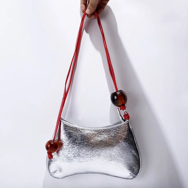 Casual Sling Bags For Women Luxury Designer Handbags Purses 2024 New In PU Sliver Oil Wax Leather Beaded Ball Underarm Shoulder