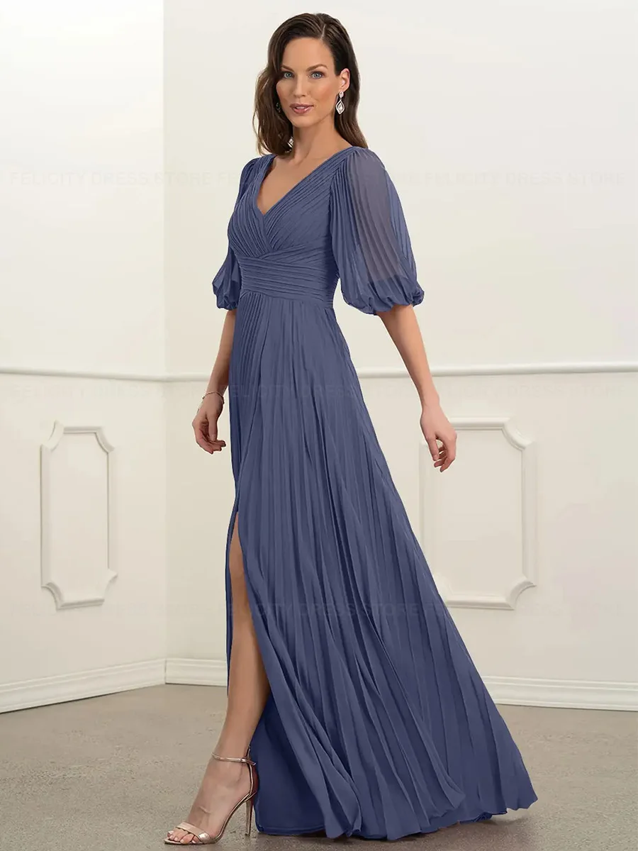 Simple Mother of the Bride Dresses 2023 A-Line V-neck Pleated Front Split Sexy Long Wedding Party Dresses Robes Invitée Mariage