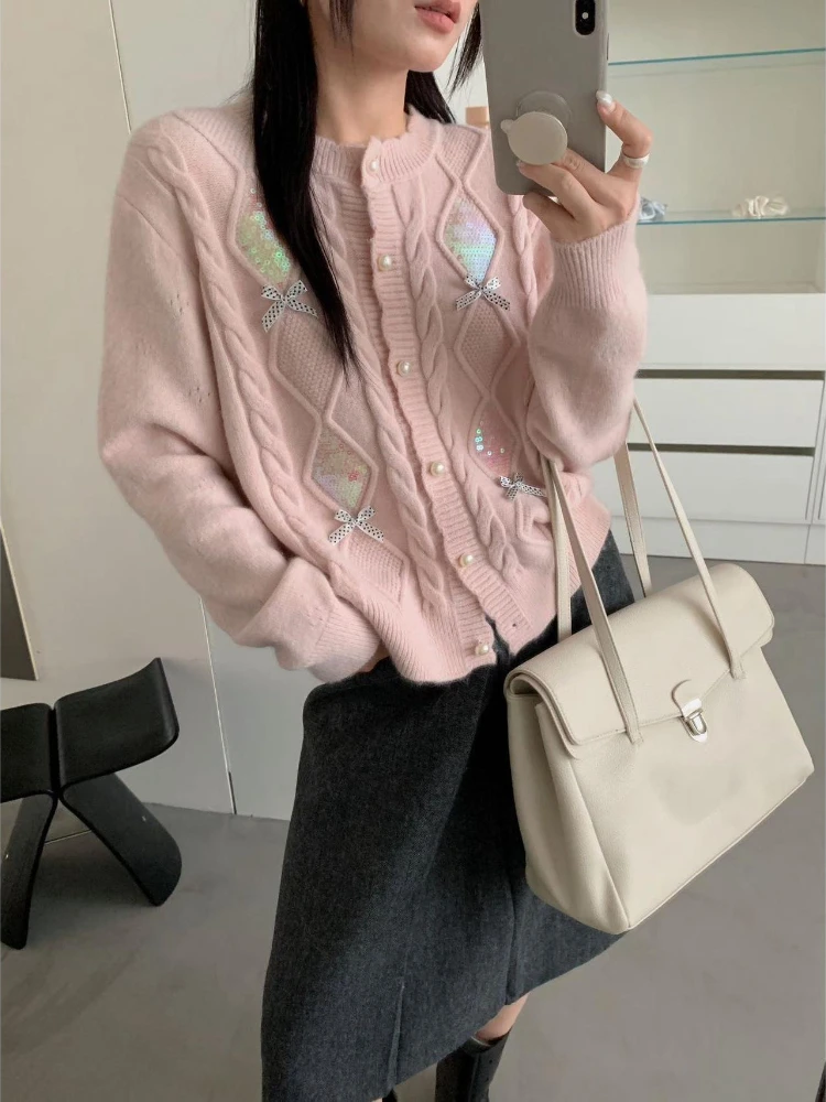 2026 Autumn and Winter Fashion New Sequin Bow Knit Elegant Cardigan Sweet and Loose Korean Style Soft Warm Thick Sweater