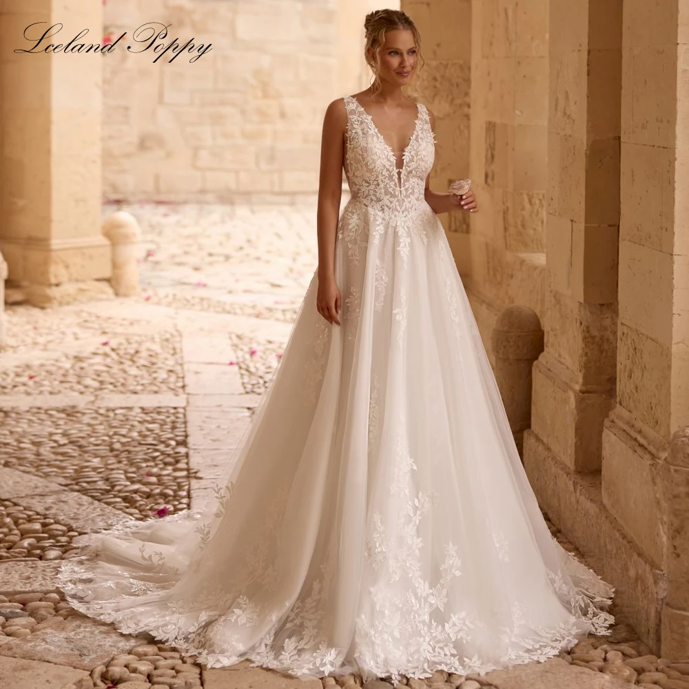 Lceland Poppy Customized A Line V Neck Lace Wedding Dresses Illusion Sleeveless Bridal Gowns with Court Train