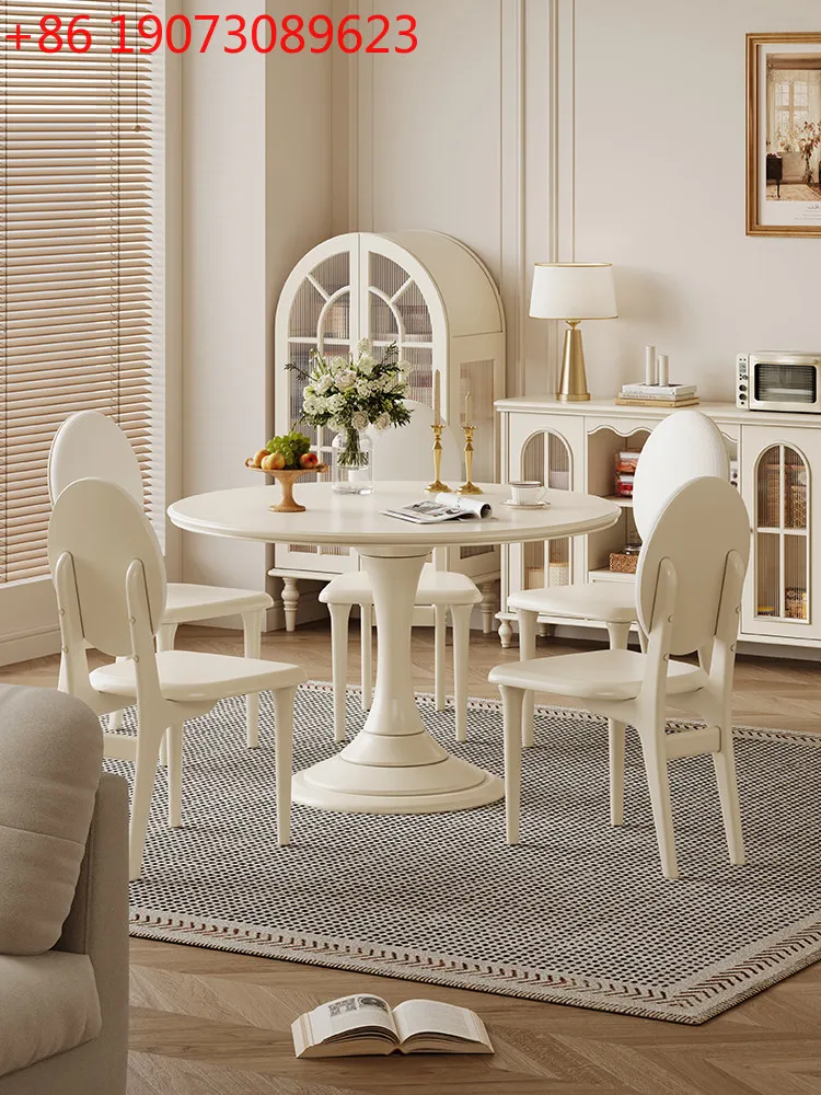 

French cream style all solid wood round dining table white round 1.2 meters household dining table