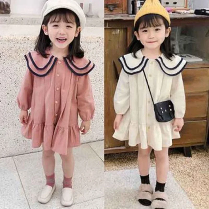 Children's Academy Dress Contrast Color Ruffled Neck Patchwork Button Long Sleeve Solid Color Spring Autumn Girls for Dresses