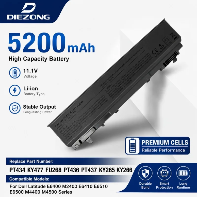 For Dell Latitude E6400 M2400 E6410 E6510 E6500 M4400 M4500 PT434 KY477 FU268 PT436 PT437 KY265 KY266 5200mAh Laptop Battery