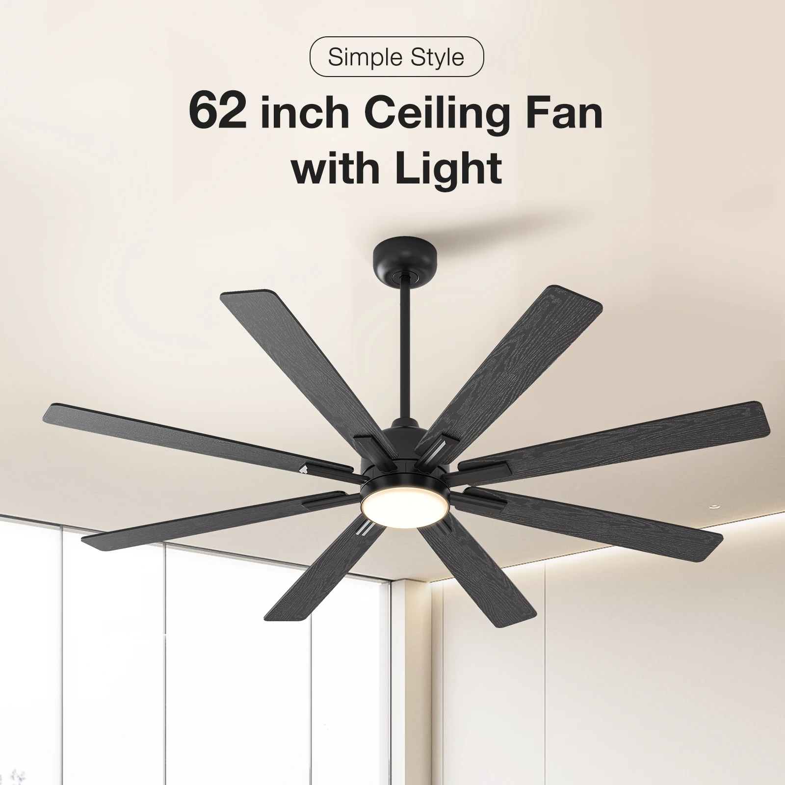 

62-дюймовый (8-лопастной) черный потолочный вентилятор со светодиодной подсветкой и пультом дистанционного управления