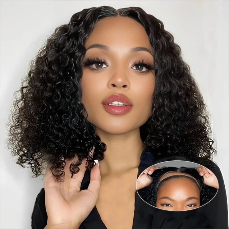 

Glueless Short Curly Bob Black Human Hair Wig 100% Brazilian Read To Wear 5x5 Water Wave HD Transparent Lace Closure Pre Plucked