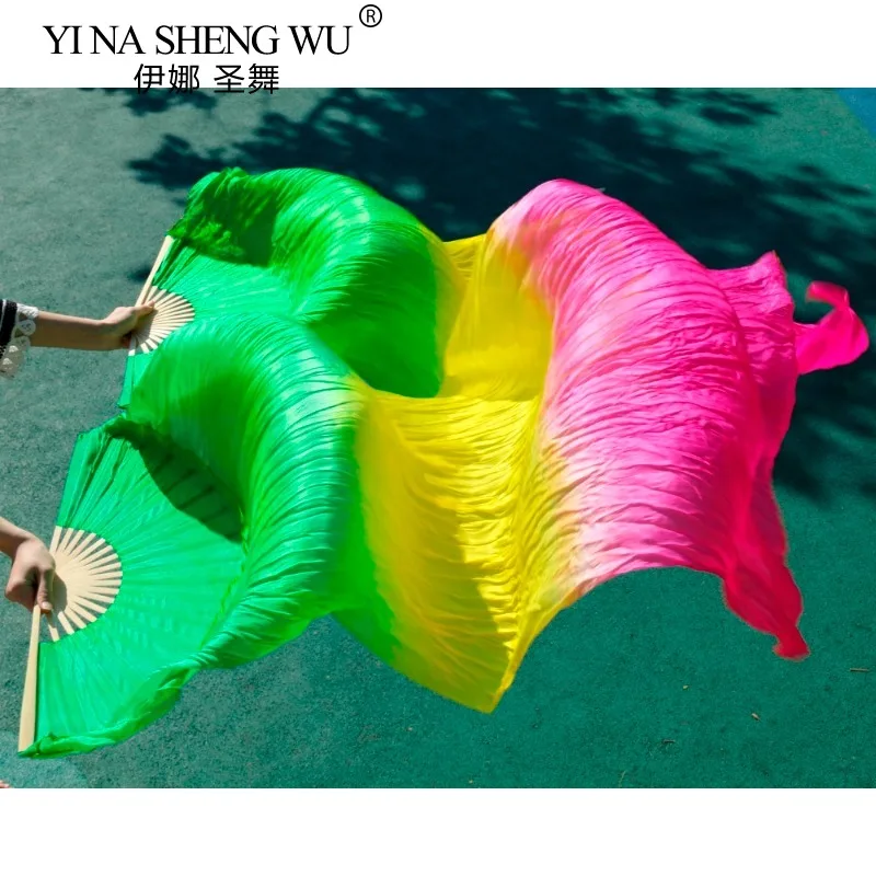 Haute vente à la main femmes qualité soie danse du ventre ventilateur danse 100% réel soie voiles 1 paire vert jaune Rose 180*90 Cm