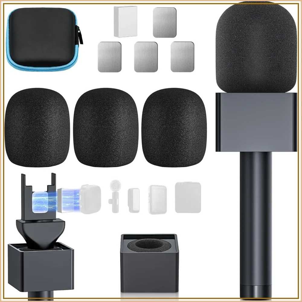 

Handheld Mic Adaptor for Interview, Wireless Microphone Handle with 3 Pop Filters and Flag, Compatible with Lav Mics, for Vlogging & Reports