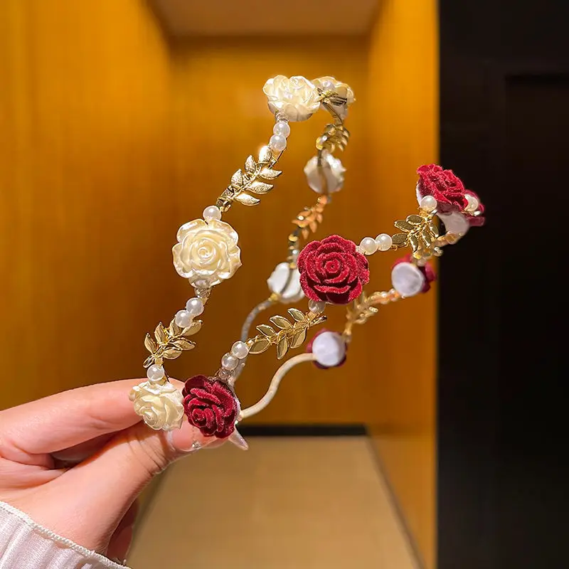 Elegant Rose Hair Band Vintage Rose Pearl Headband Women Hairhands Sweet Girl Bride Head Hoop Jewelry Wedding Hair Accessories