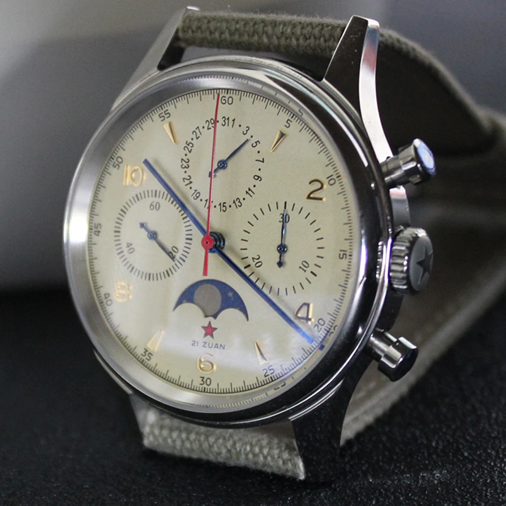 سلاح الجو الصيني ساعة كرونوغراف الرجال 1963 خمر ساعة ميكانيكية للرجال الطيار 40 مللي متر الياقوت القمر المرحلة ساعات المعصم العسكرية
