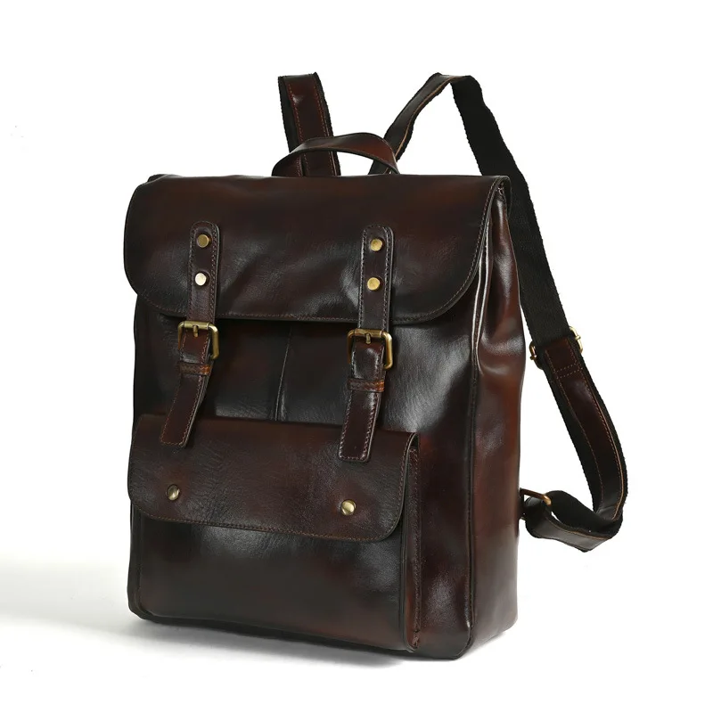 Leather backpack women's wear-resistant cowhide computer backpack college style 14 inch large capacity retro men and women