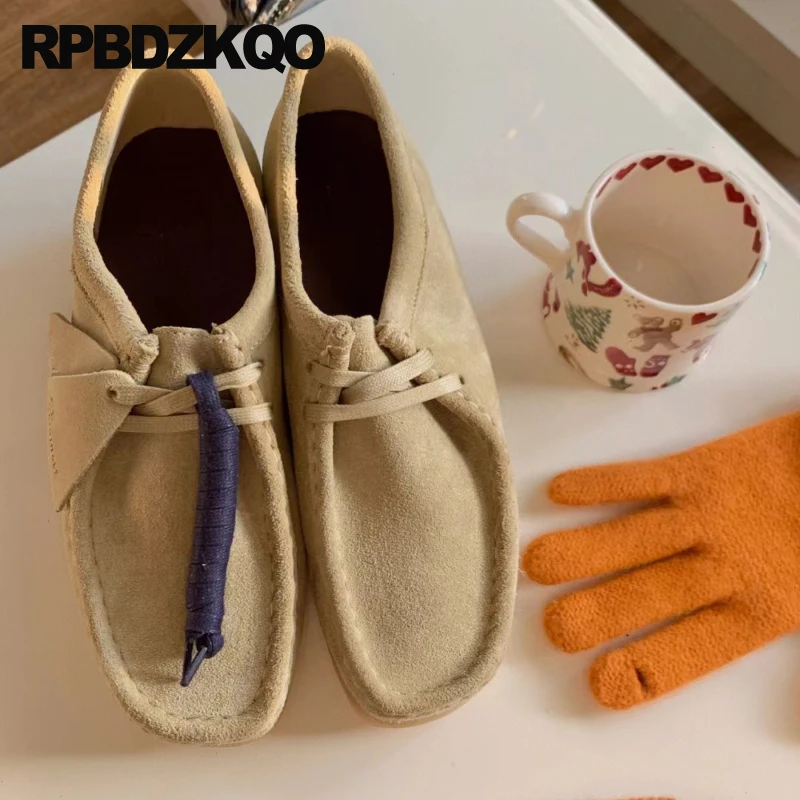 Retro Short Sand Autumn Booties British Ankle Women Square Toe Suede Big Brand 2024 Front Lace Up Casual Wallabees Vintage Shoes