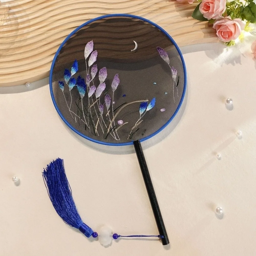 Wooden Handle Double Sided Embroidery Fan Flower Pattern Handheld Chinese Style Fan with Tassel Dance Fan Performance Props