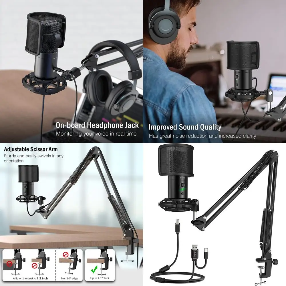 

USB-комплект игрового потокового микрофона с подставкой для отключения звука и студийным комплектом для подкастов, Twitch, YouTube и Zoom