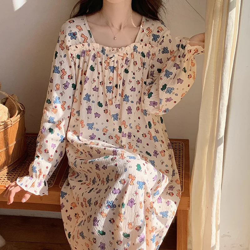 Kawaii Princess Nightdress Sleepwear for Women Ladies Nightgowns Spring Autumn Large Homesuit Roomwear Flower Cartoon Casual