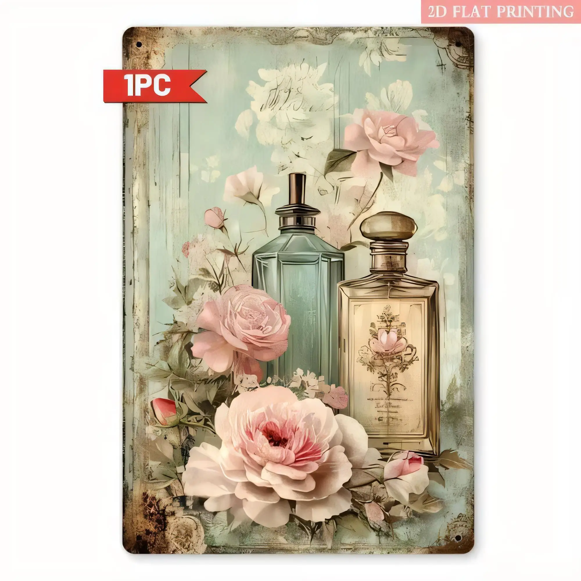 Tin Sign Vintage Floral Perfume Bottle Wall Art, Retro Rose Bouquet Metal Plaque, 1PC  Rustic Bathroom Kitchen Bar Decor, 2D Fla