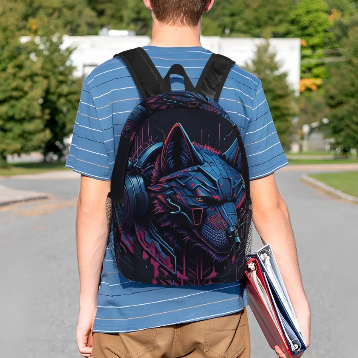 Neon Graffiti Wolf With Headphone Backpack Student BookBag Kids School Bag Laptop Shoulder Bags for Boys Girls