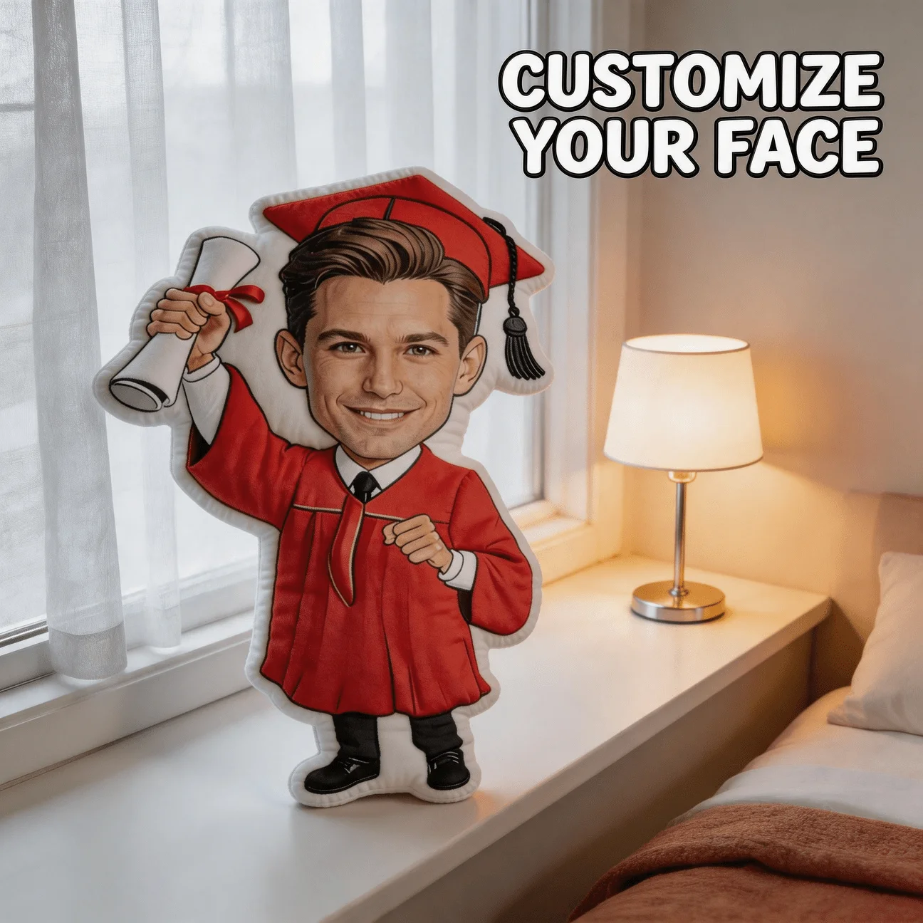 Custom Graduation Photo Shaped Pillow, Personalized Face in Red Gown Holding Diploma Custom Shaped Decorative Cushion, Funny Mem