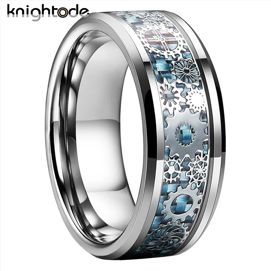 8mm Tungsten Wedding Ring Mechanical Gear Wheel Light Blue Carbon Fiber Inlay Modern Fashion Rings  Beveled Edges Comfort Fit