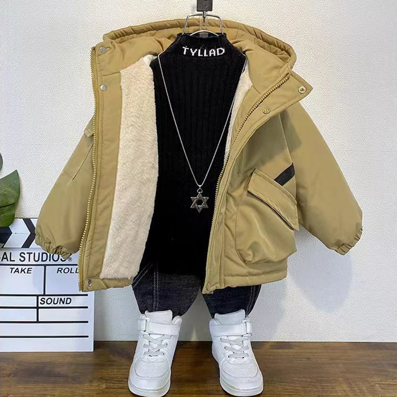 123  Color Winter New Boys Jacket Solid Color Lining Plush Thick Warm Hooded Zipper Coat For Kids Cotton Outwear 3-12 Y Teen