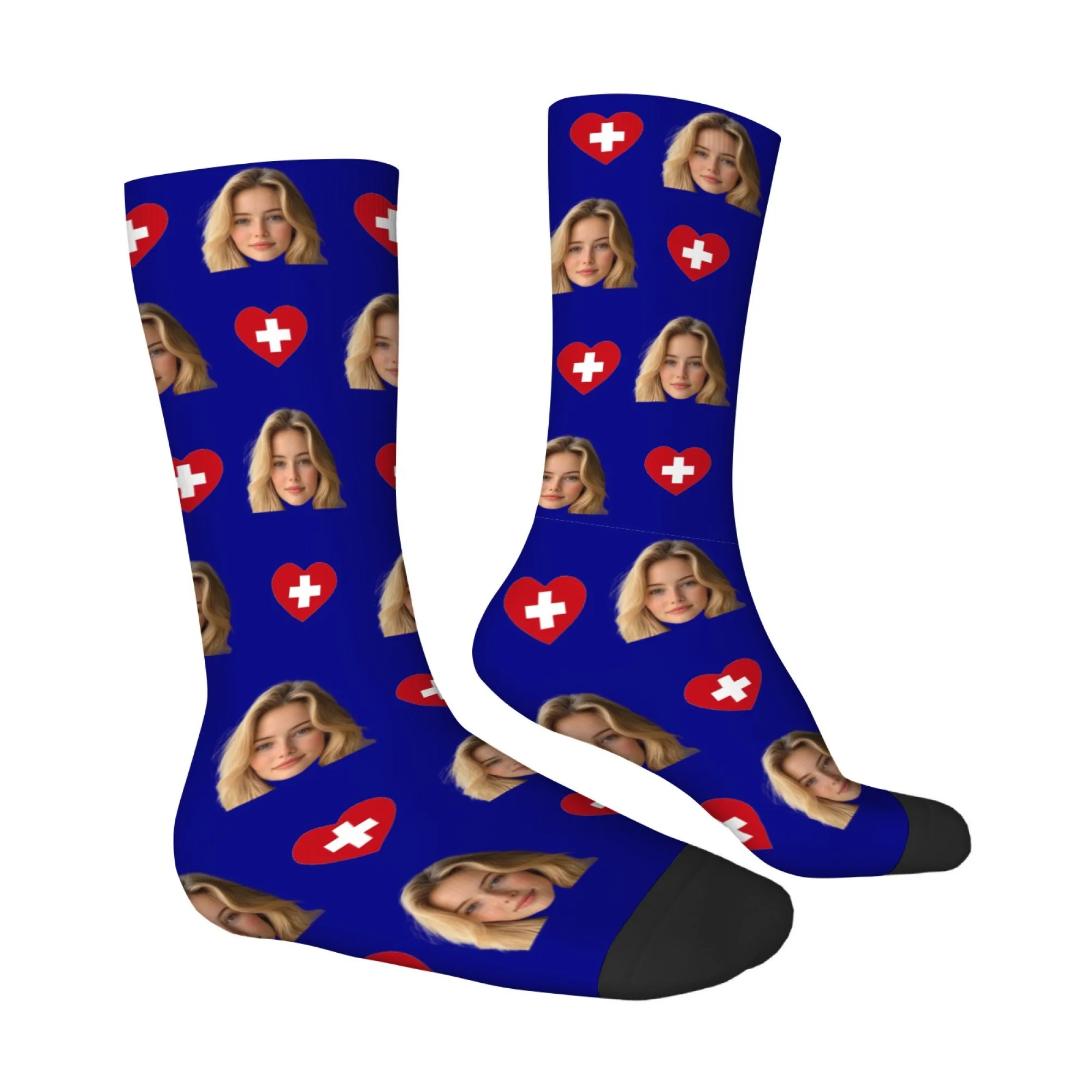 Custom Your Face Swiss Flag Socks Personalized Photo Print Blue Stockings Novelty Gift for Swiss Fans view 4