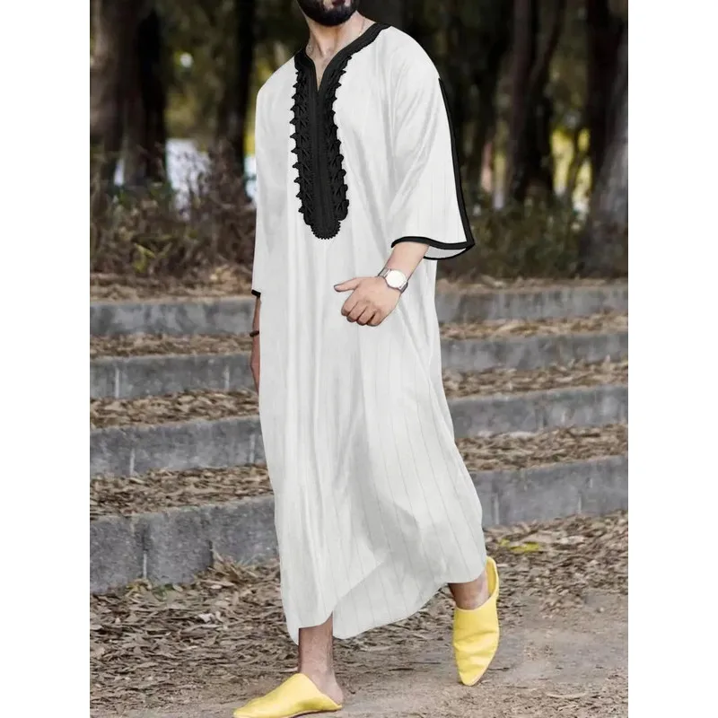 Islam Kaftan Męska Odzież Muzułmańska Marokański Kaftan Ręcznie Haftowany Luźny i Oddychający Djellaba Abaja Thobe dla Mężczyzn na Lato