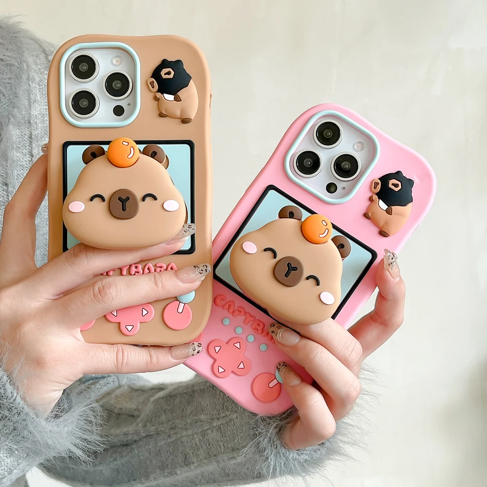 

3D Cute Capybara with Telescopic Bracket, Soft Silicone Phone Case, iPhone 11 12 13, 14, 15 16 16 promax, Back Cover Shell Skin