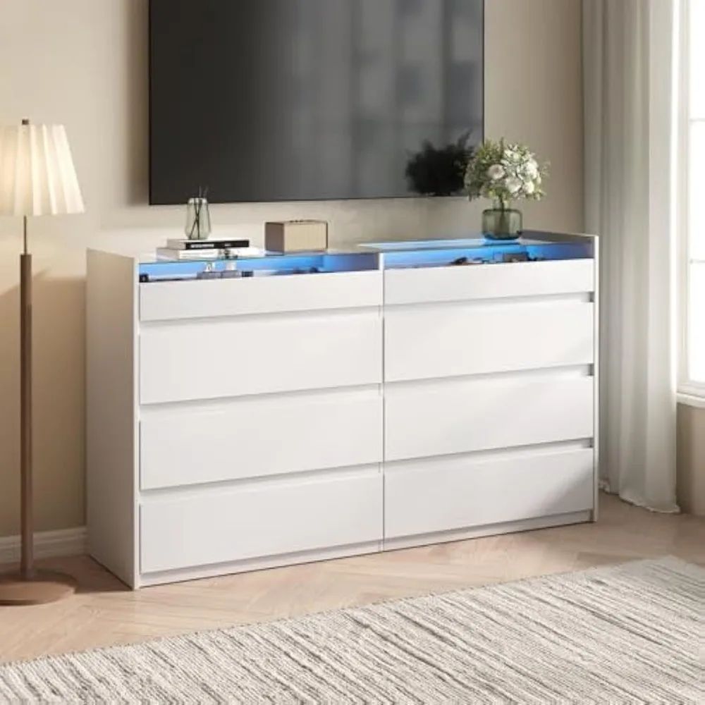 White Dresser for Bedroom, 8 Drawer Dresser with Glass Top and LED Light, Modern Chest of Drawers, Jewelry Closet Island with Dr