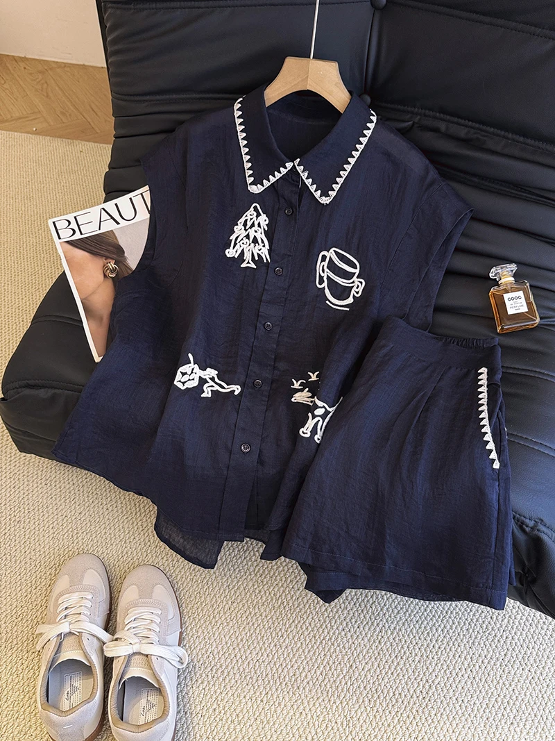 

Винтажная рубашка с вышивкой, хлопковый комплект из двух предметов, женский летний льняной на пуговицах, повседневные модные топы и шорты N852