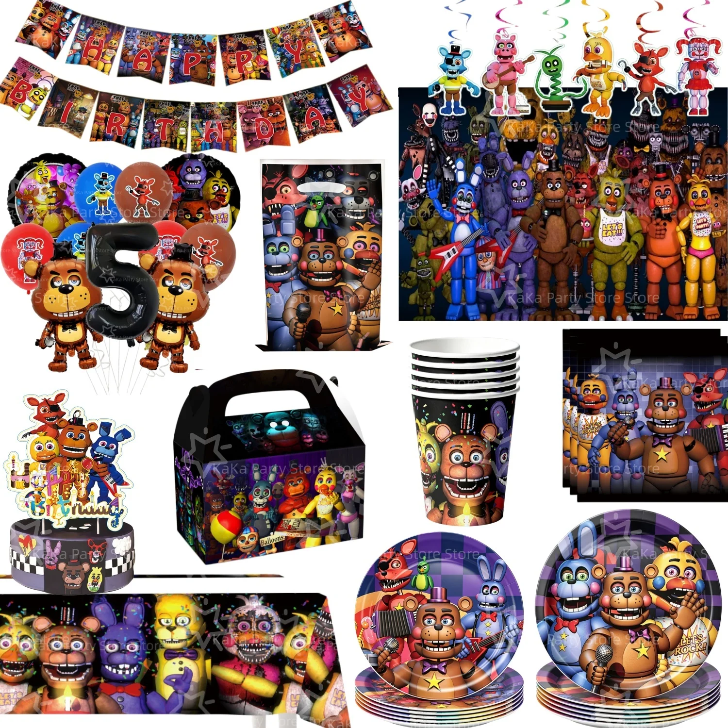 FNAF Five Nights Freddy's Geburtstagsparty-Dekoration Tischware Tischdecke Teller Becher Tasche Serviette Banner Party-Zubehör