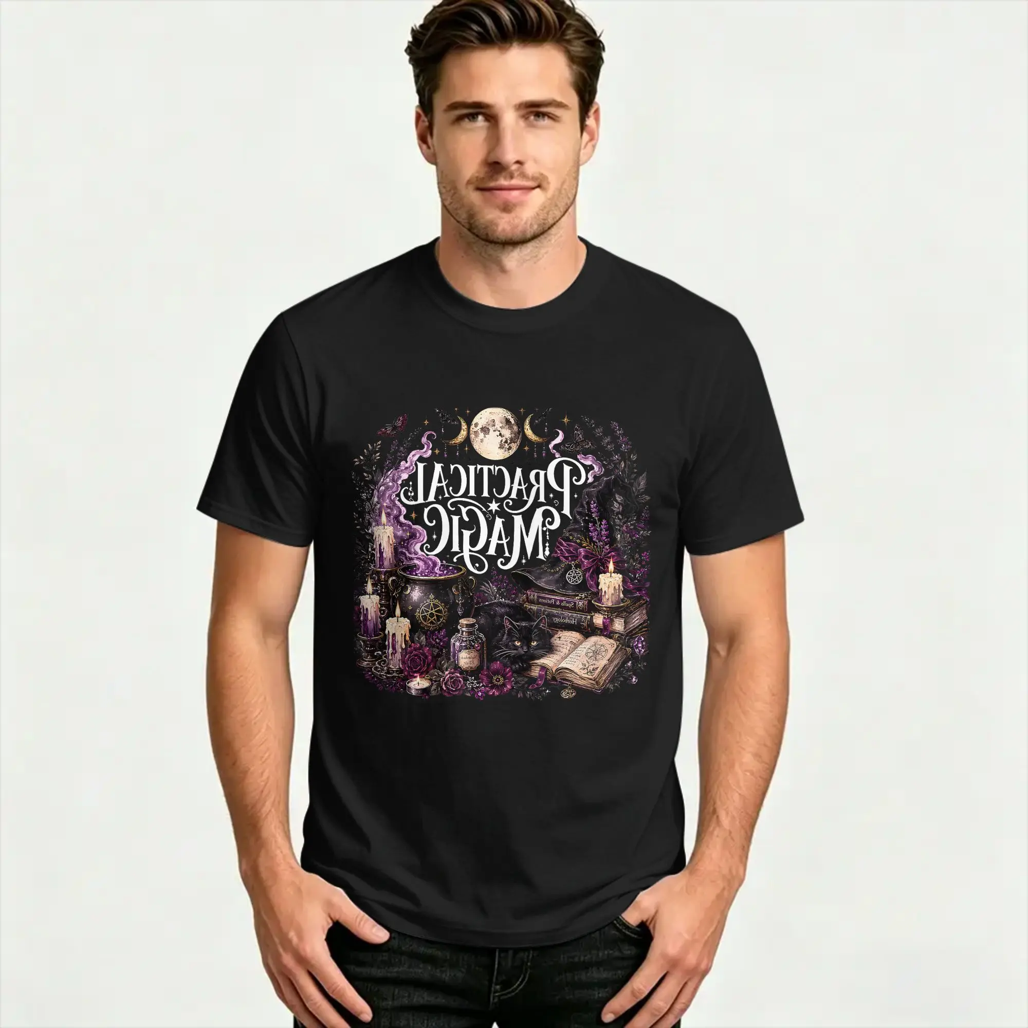 Men Purple Practical Magic Witchy Black Cat Spellbook Candles T Shirts Short Sleeve T Shirt O Neck Trendy Cool Pattern Tshirt